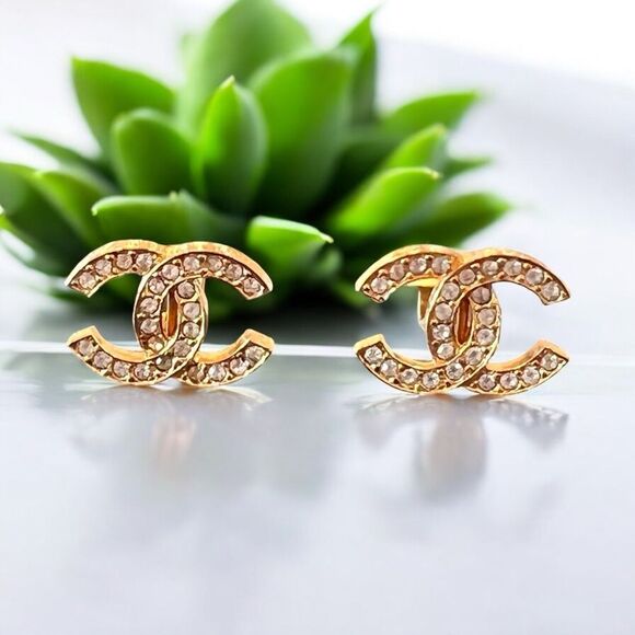 CHANEL Gold Stud Earrings with Crystal Floral Design - Picture 2 of 9